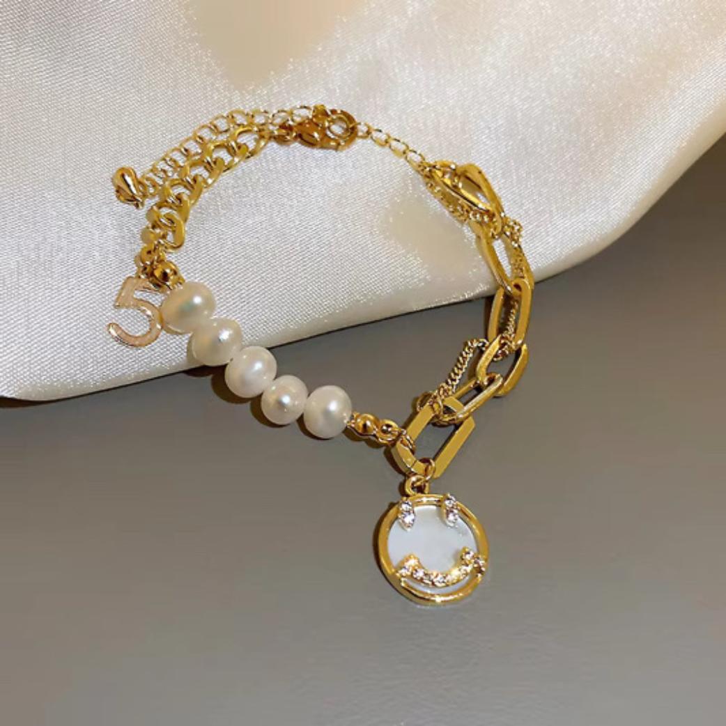 Golden Asymmetrical Chain Bracelet with Pearl & 5 Charm
