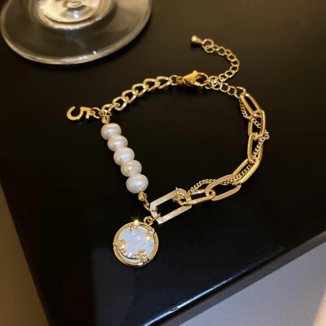 Golden Asymmetrical Chain Bracelet with Pearl & 5 Charm