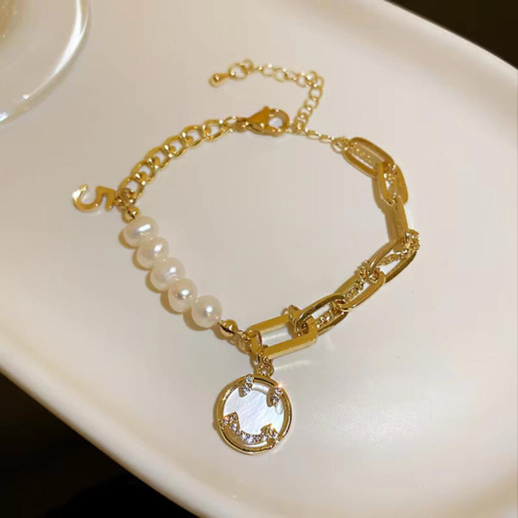 Golden Asymmetrical Chain Bracelet with Pearl & 5 Charm