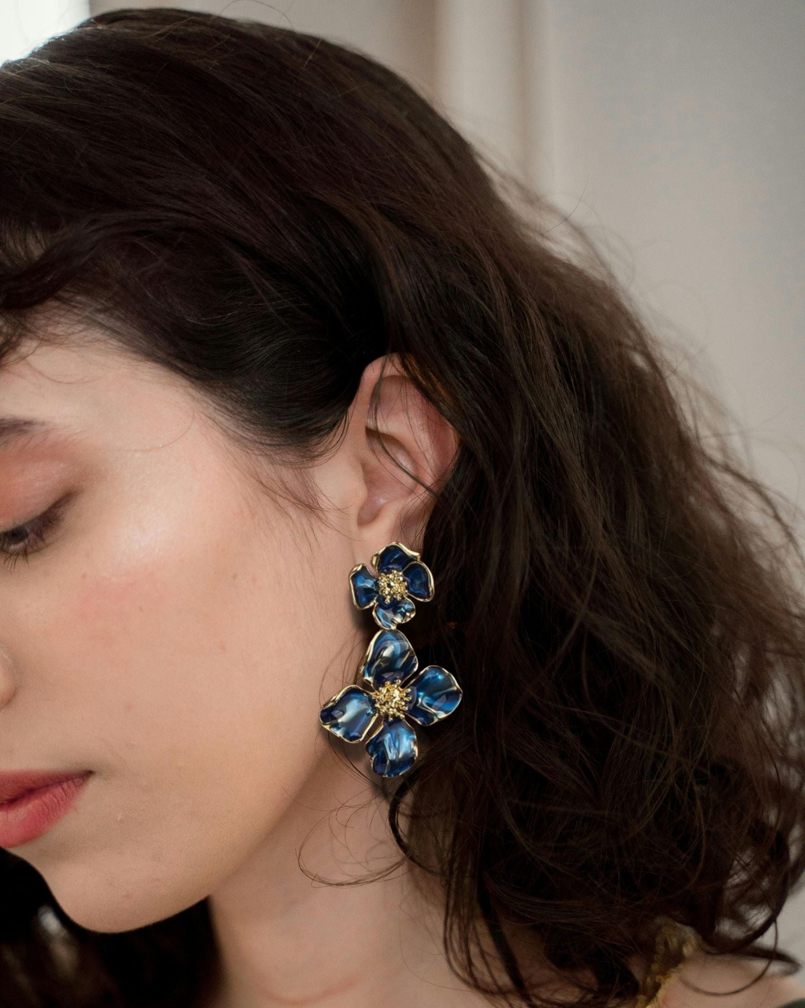 Navy Blue Floral Dangle Earrings