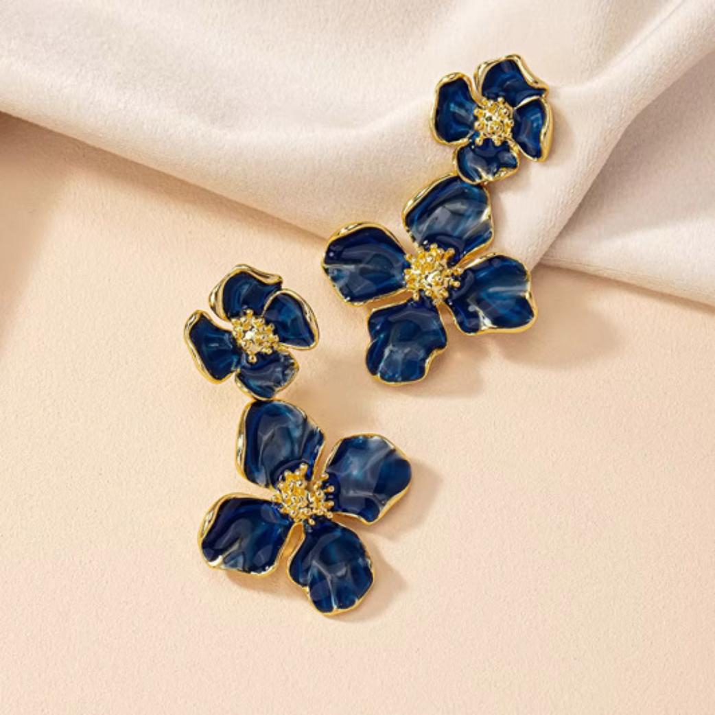 Navy Blue Floral Dangle Earrings