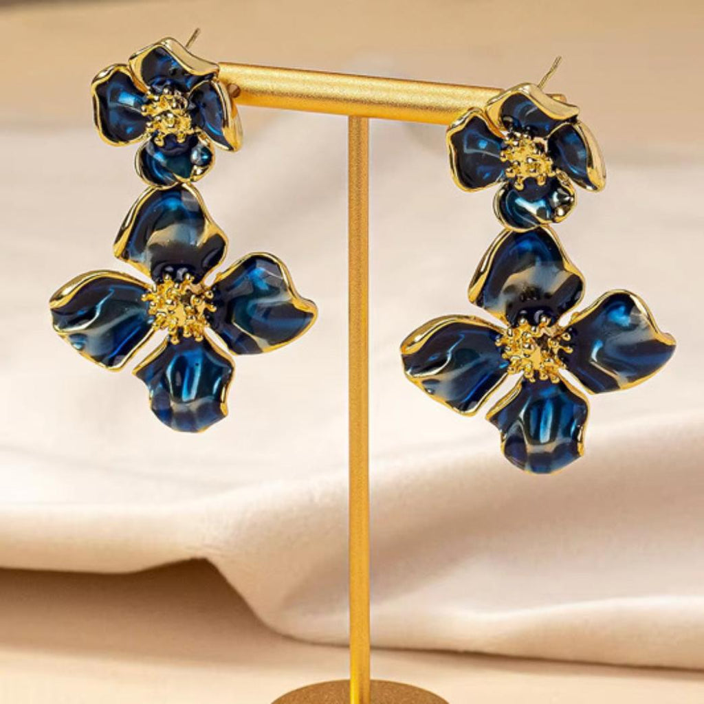 Navy Blue Floral Dangle Earrings