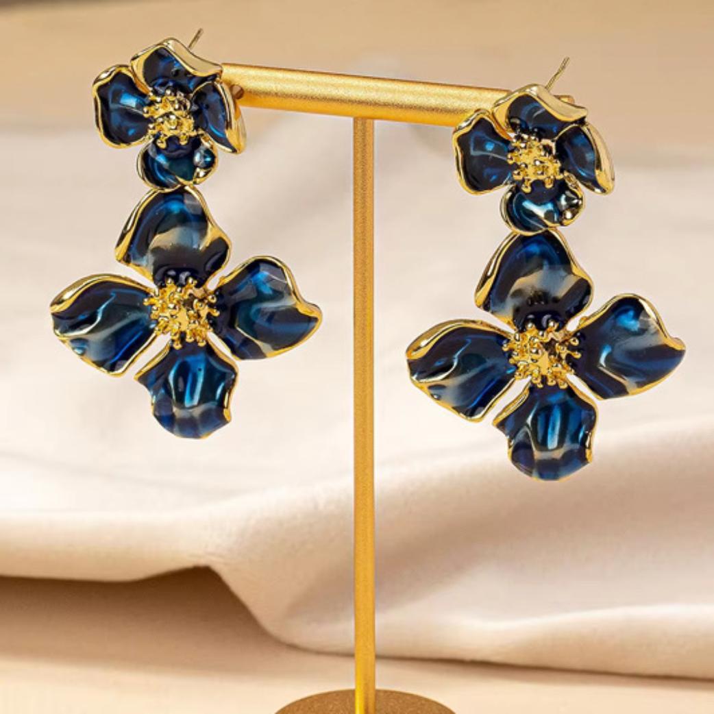 Navy Blue Floral Dangle Earrings