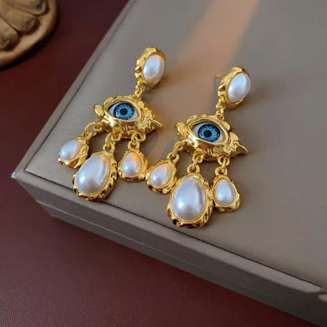 Mystical Eye & Pearl Dangle Earrings