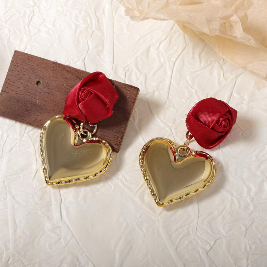 Romantic Rose & Heart Dangle Earrings