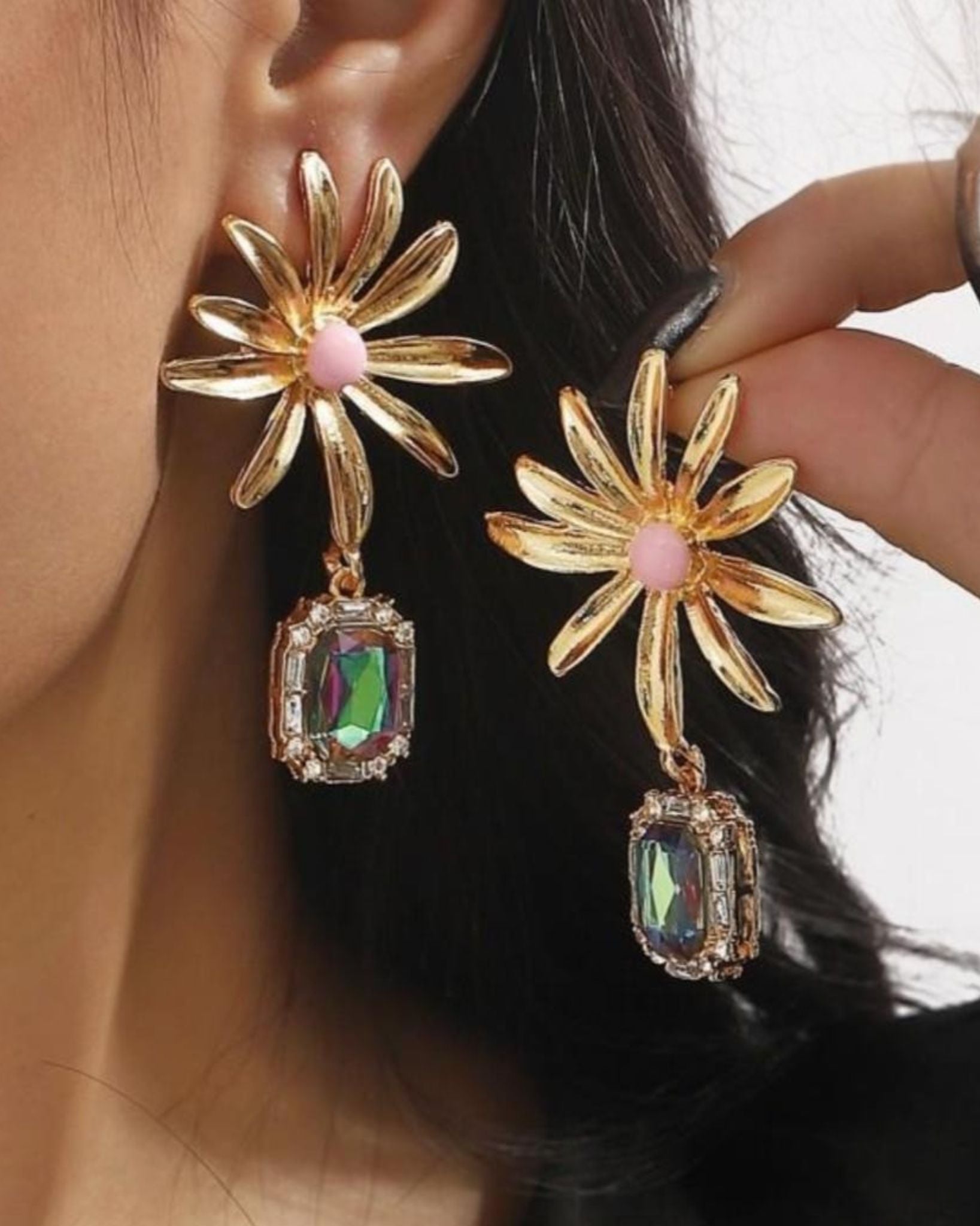 Whimsical Bloom Daisy Delight Iridescent Crystal Drop Earrings