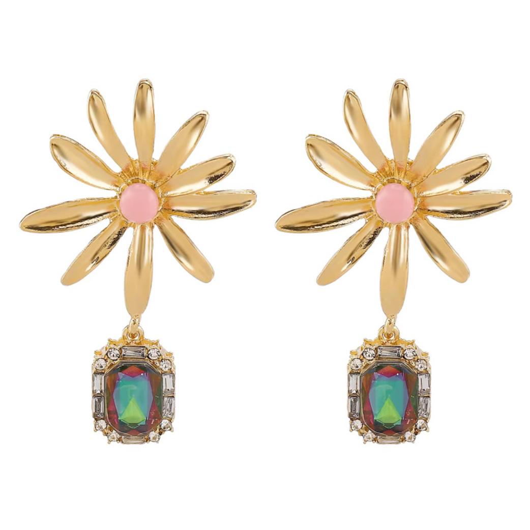 Whimsical Bloom Daisy Delight Iridescent Crystal Drop Earrings
