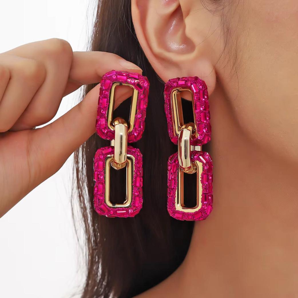 Hot Pink Crystal Double Link Earrings