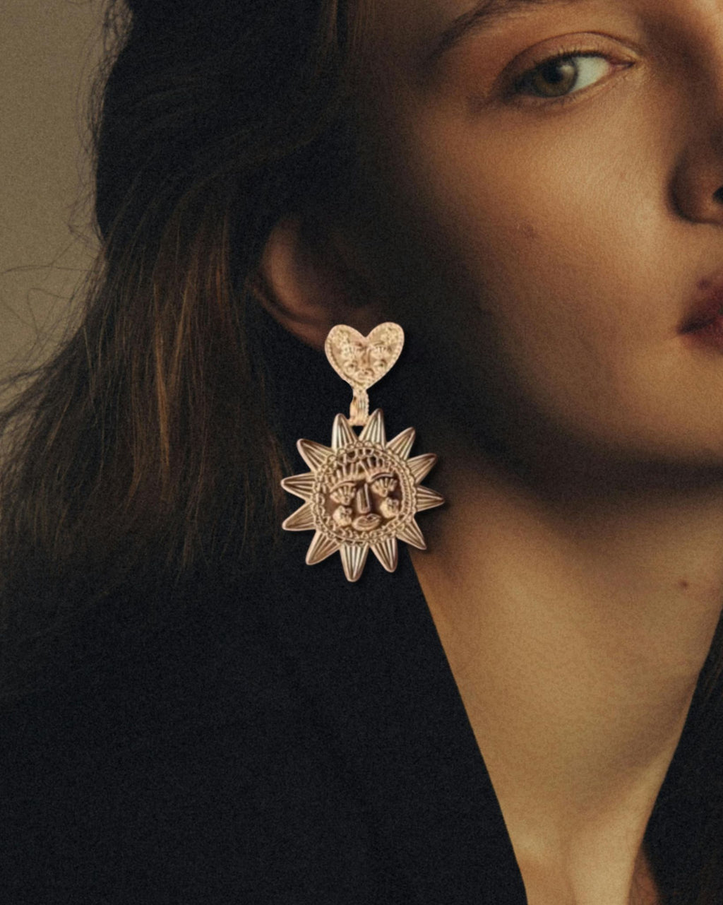 Heart & Sun Face Celestial Dangle Earrings