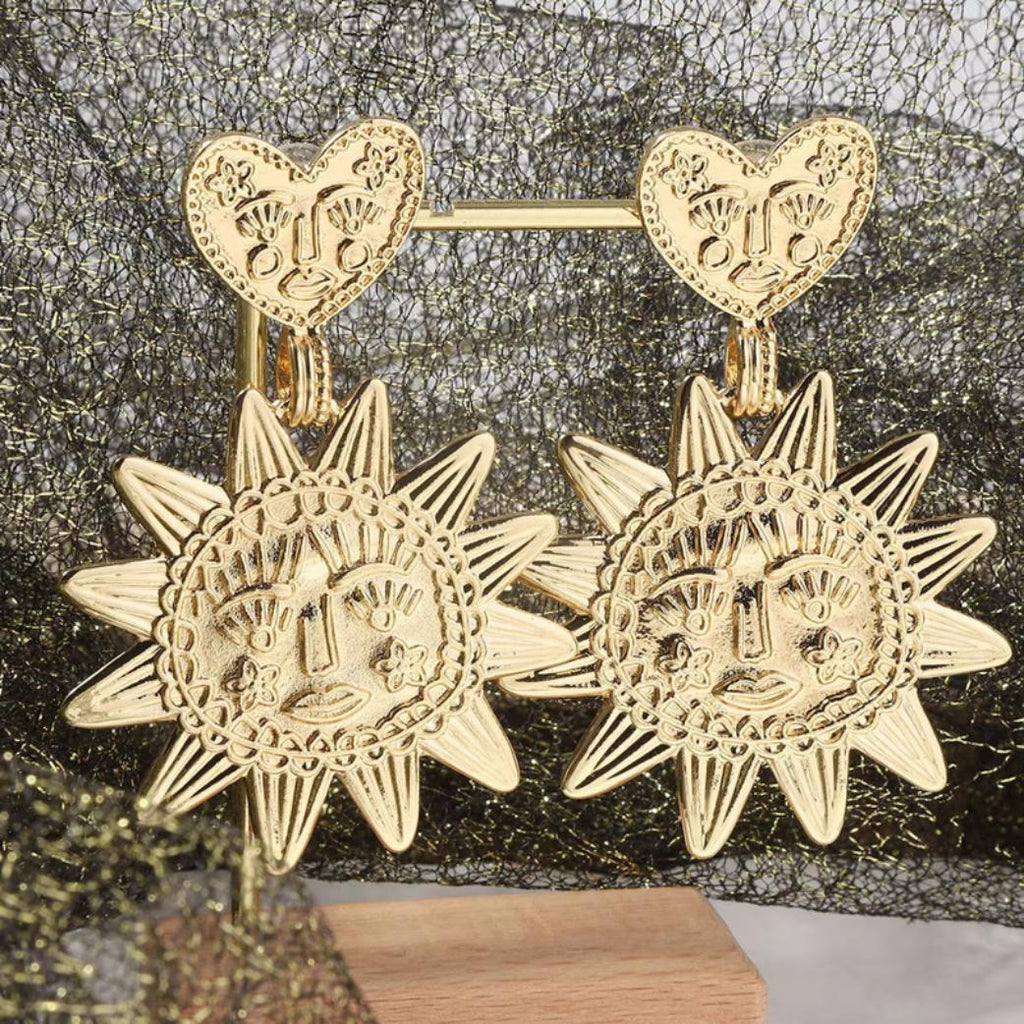 Heart & Sun Face Celestial Dangle Earrings