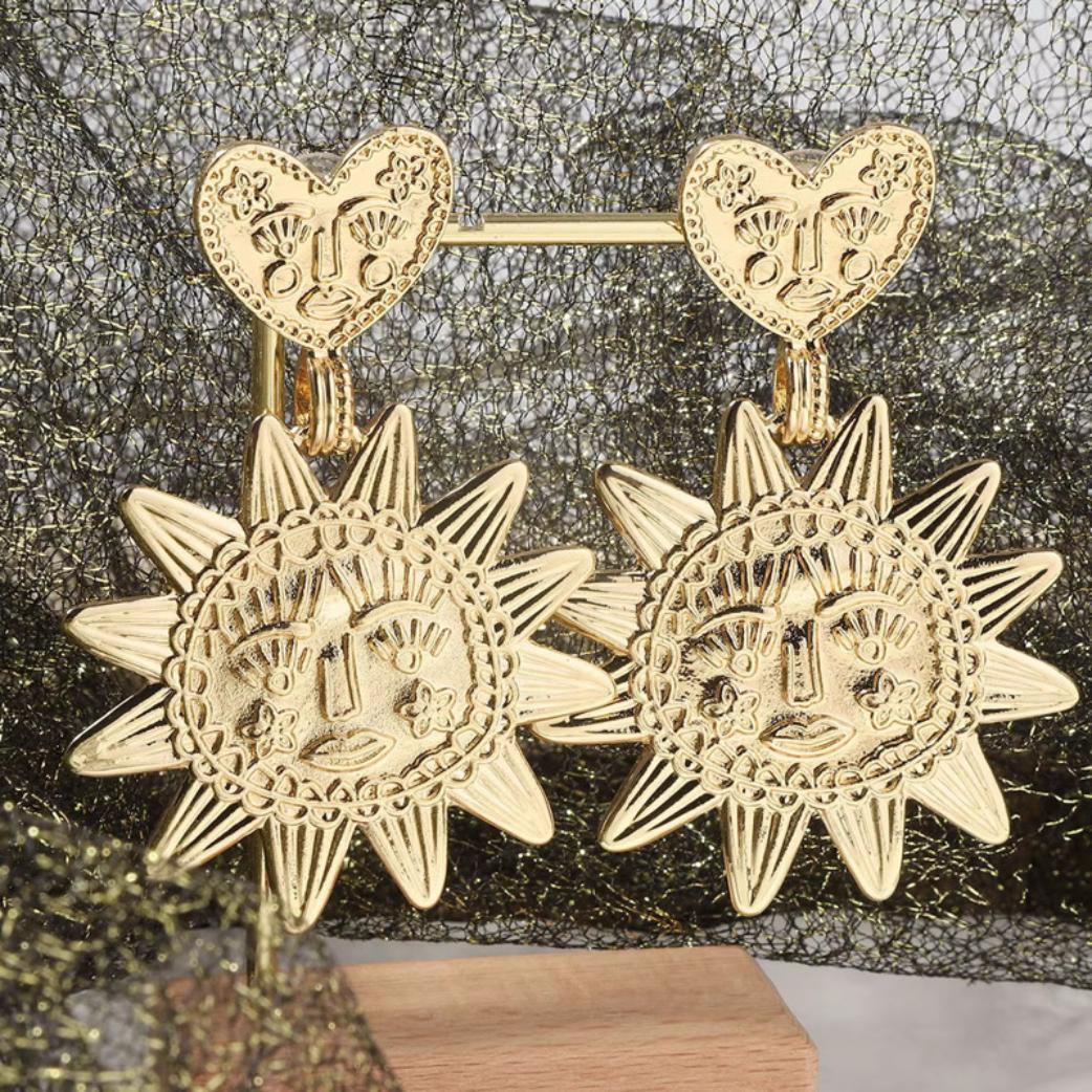 Heart & Sun Face Celestial Dangle Earrings