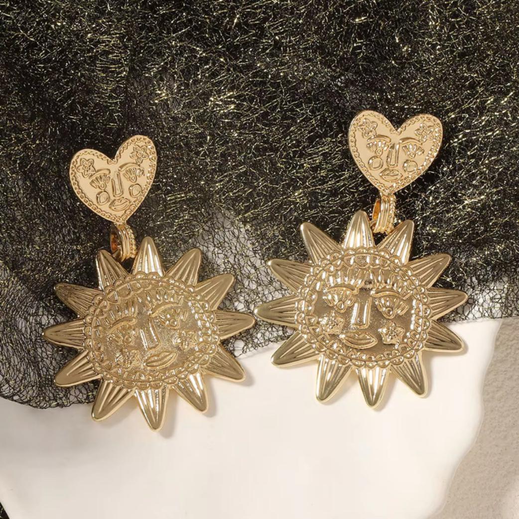 Heart & Sun Face Celestial Dangle Earrings