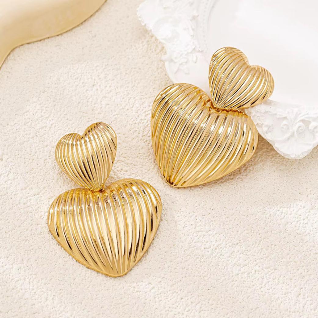 Golden Double Heart Drop Earrings