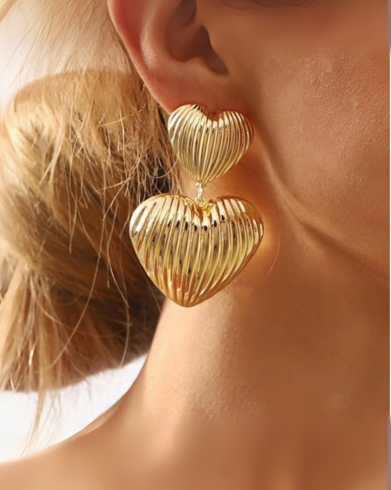 Golden Double Heart Drop Earrings