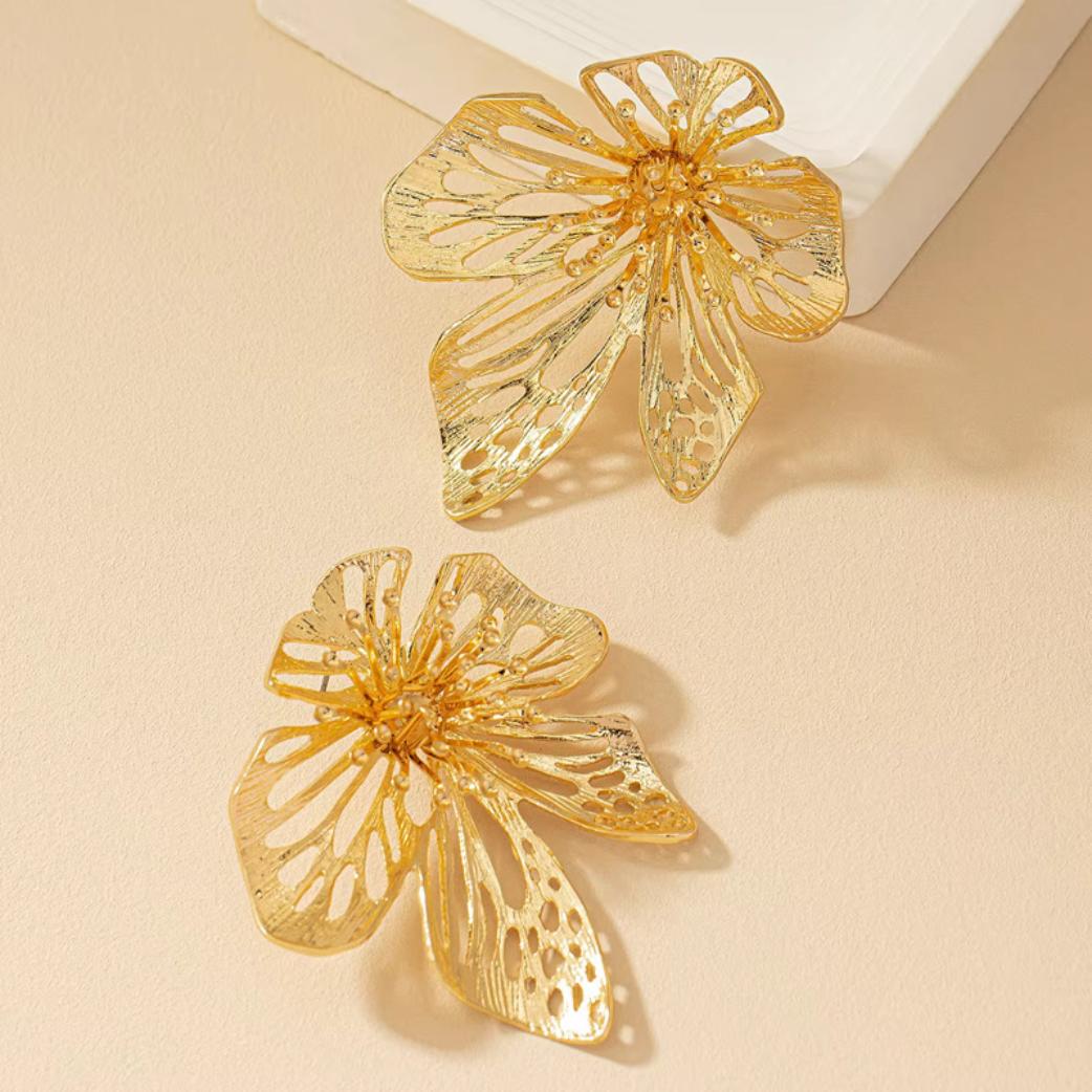 Golden Cut-Out Floral Statement Earrings