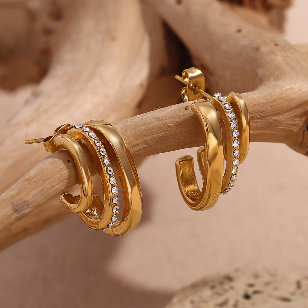 Glamorous Triple-Band Crystal Hoop Earrings