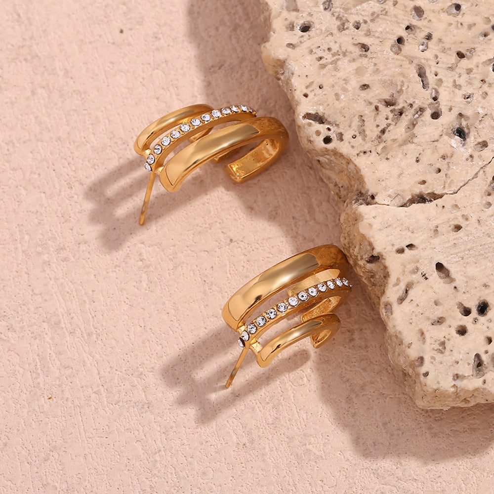 Glamorous Triple-Band Crystal Hoop Earrings