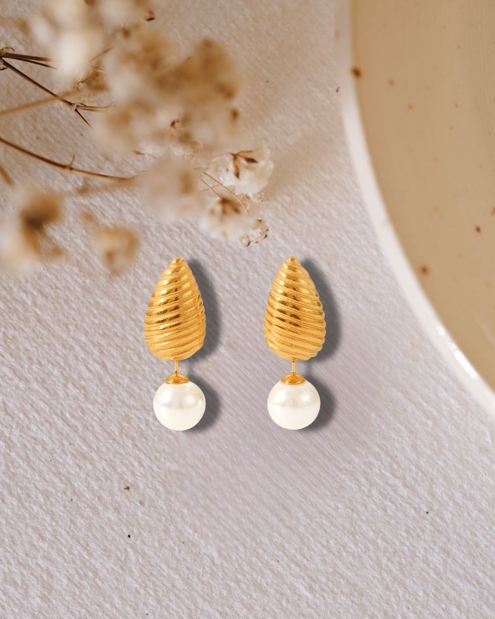 Golden Grandeur Ribbed Cone & Pearl Earrings