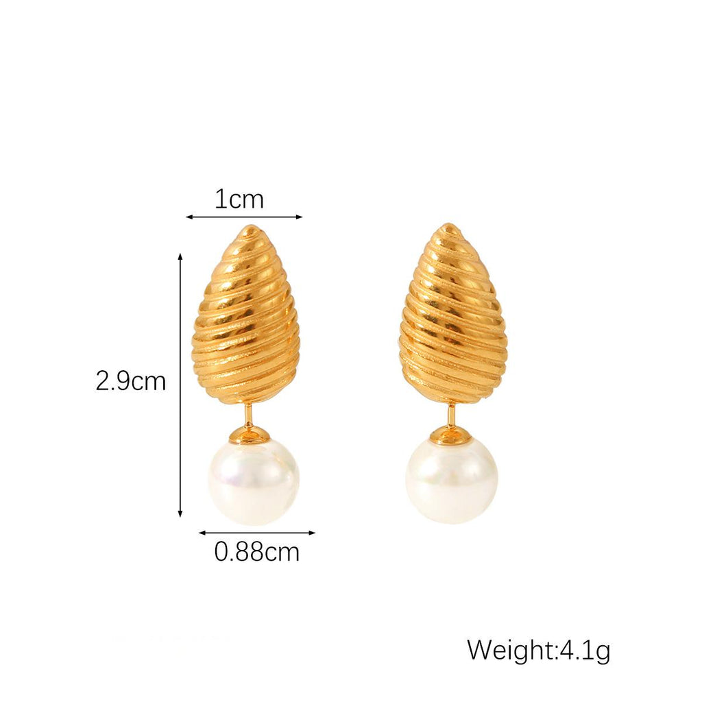 Golden Grandeur Ribbed Cone & Pearl Earrings