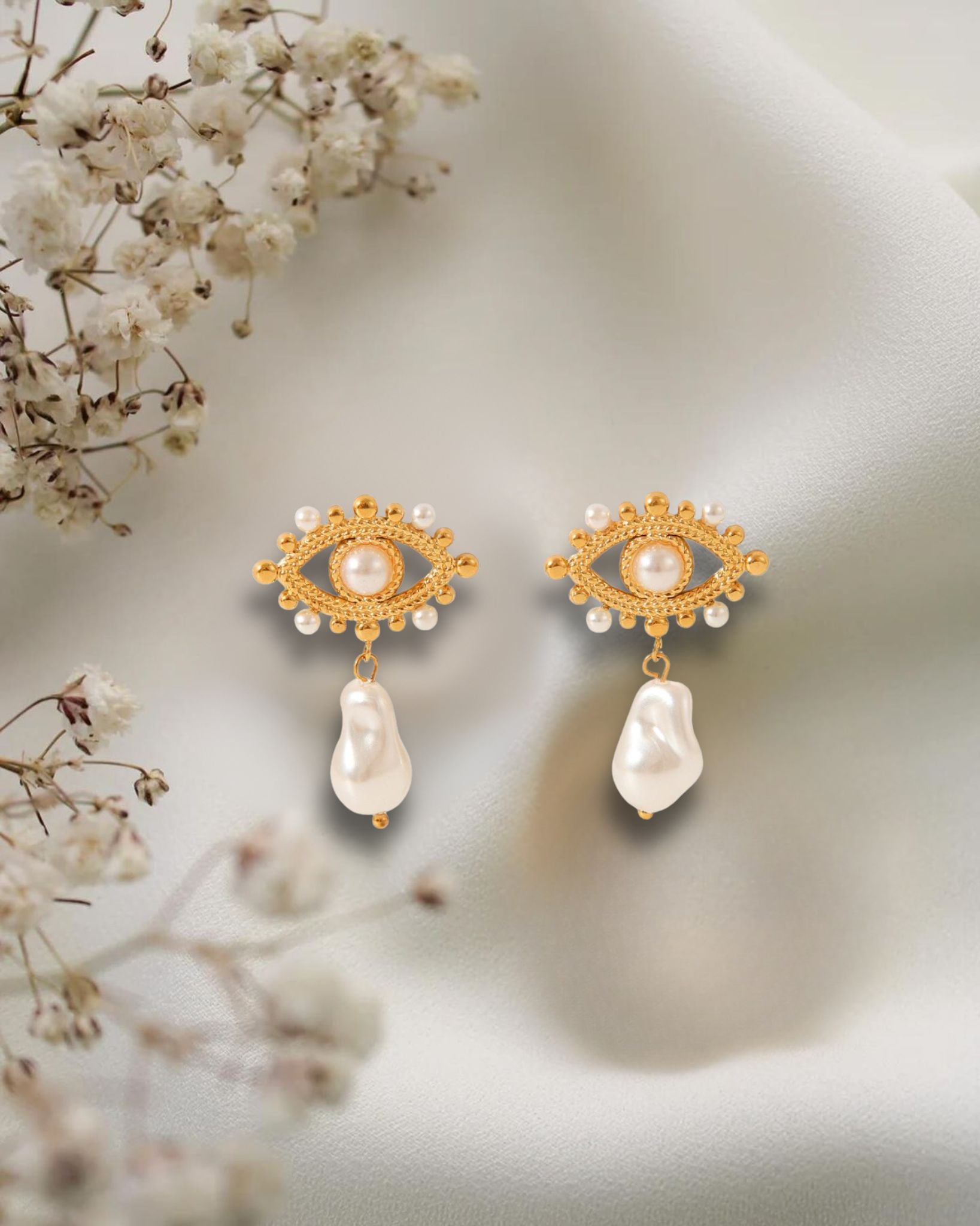 Golden Grandeur Evil Eye & Baroque Pearl Earrings