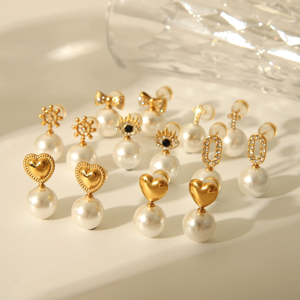 Golden Heart and Pearl Drop Earrings