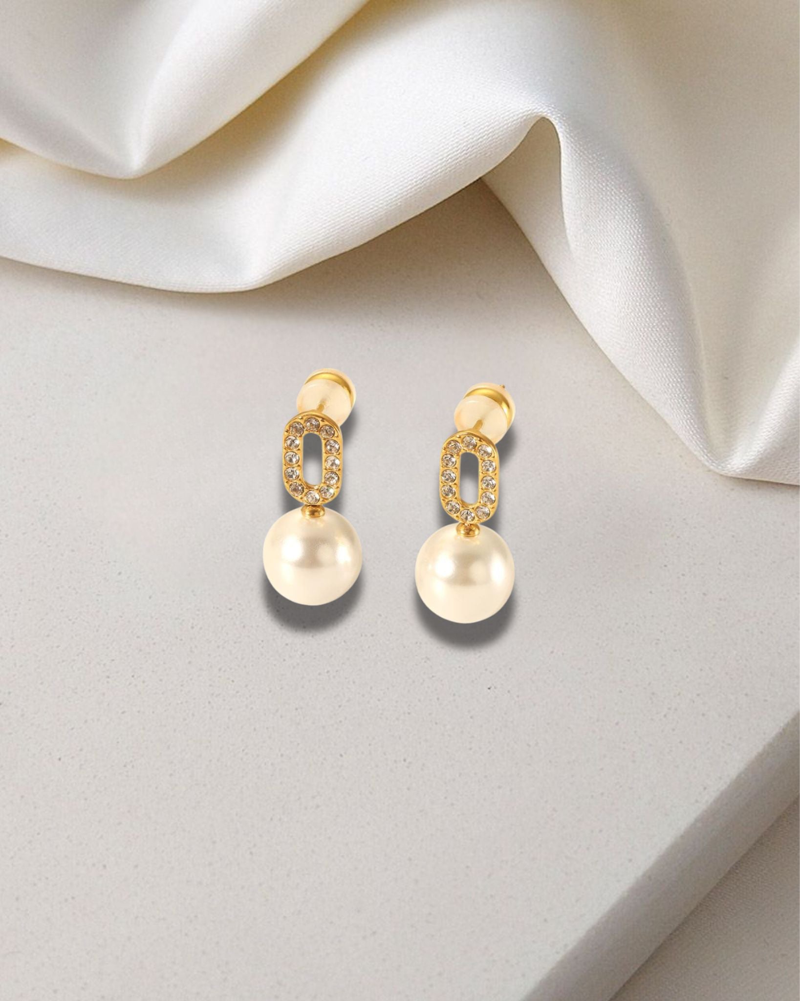Golden Pave Oval and Pearl Drop Earrings