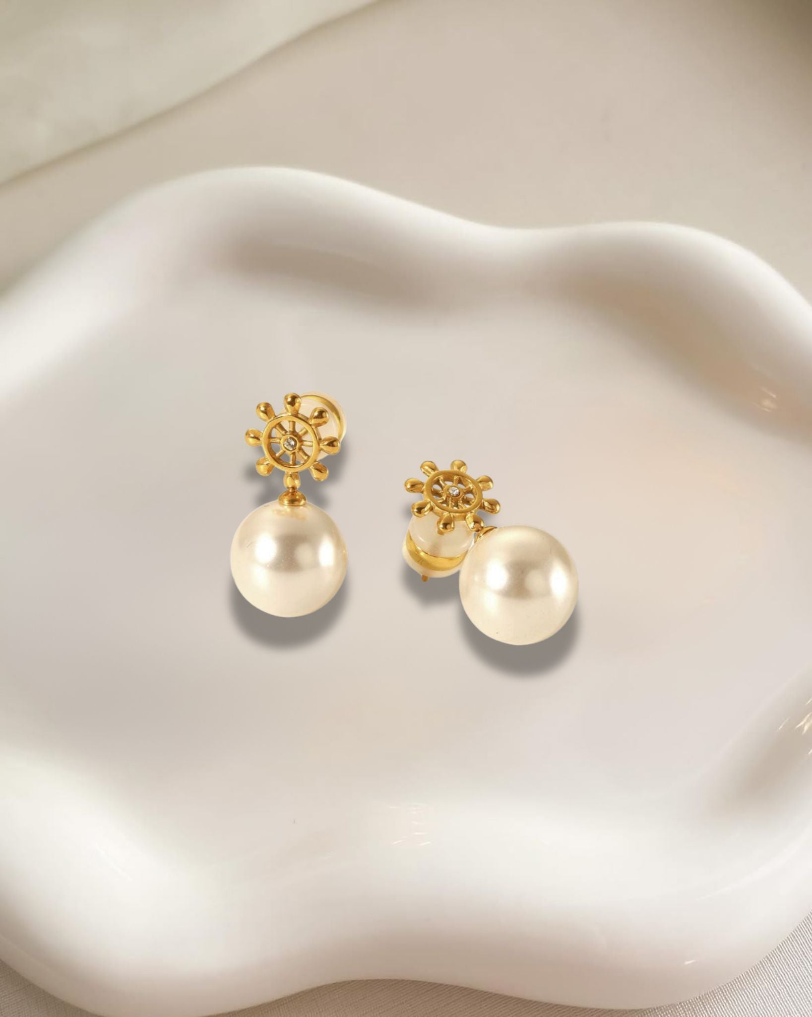 Golden Ship Wheel and Pearl Drop Earrings