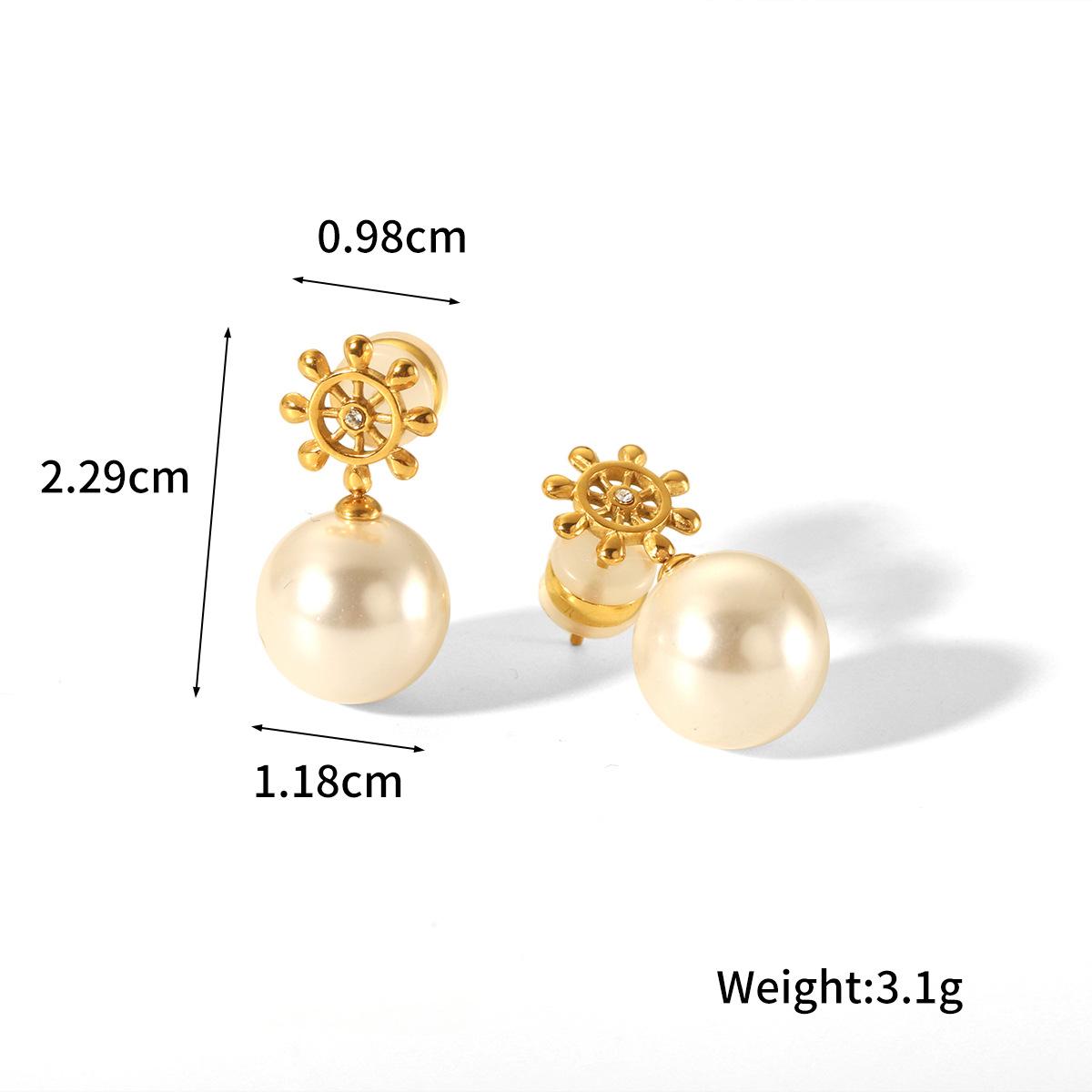 Golden Ship Wheel and Pearl Drop Earrings