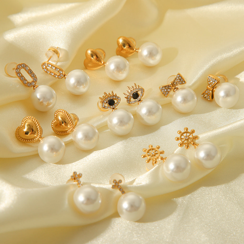 Golden Ship Wheel and Pearl Drop Earrings