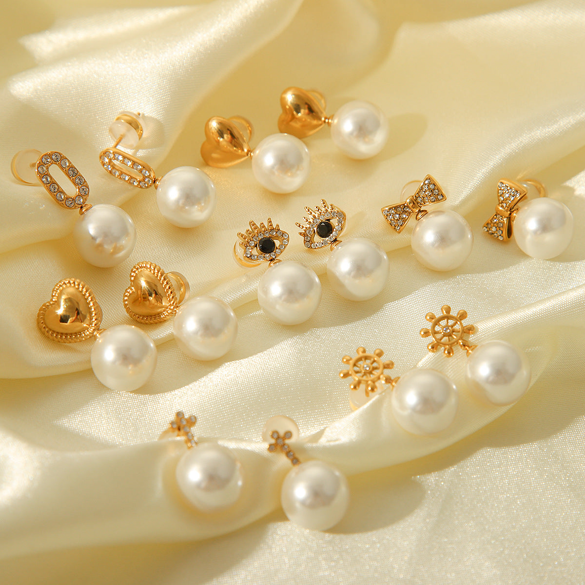 Golden Ship Wheel and Pearl Drop Earrings