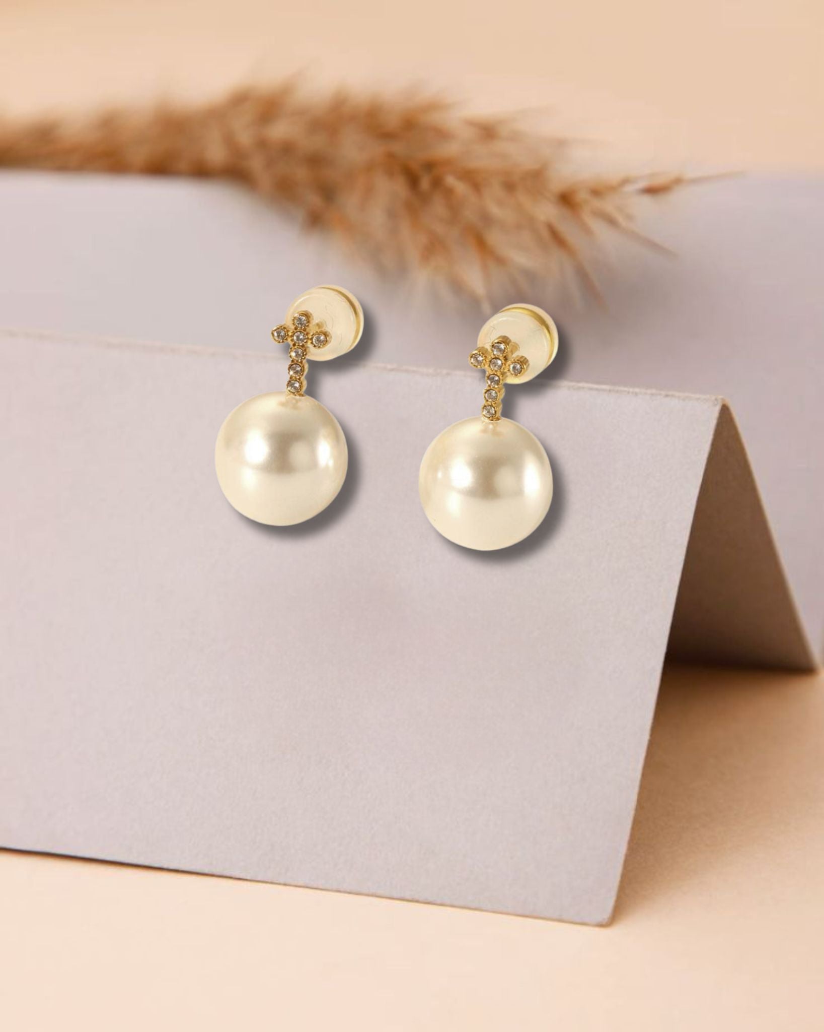 Golden Cross and Pearl Drop Earrings