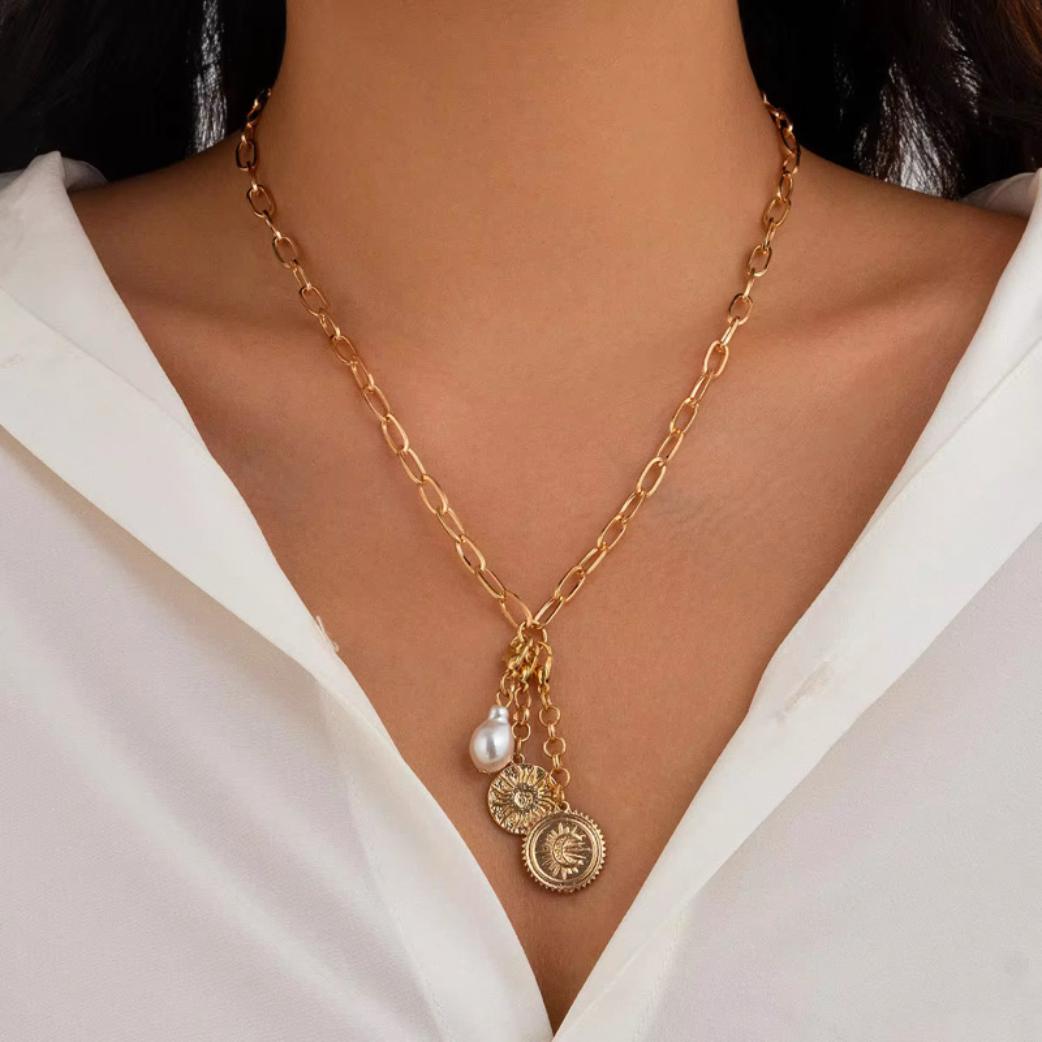 Golden Chain Necklace with Coin Charms and Pearl