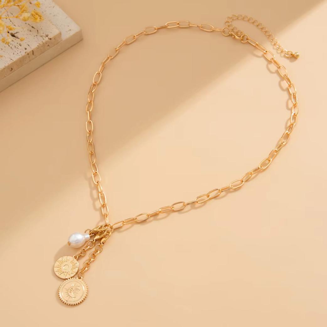 Golden Chain Necklace with Coin Charms and Pearl