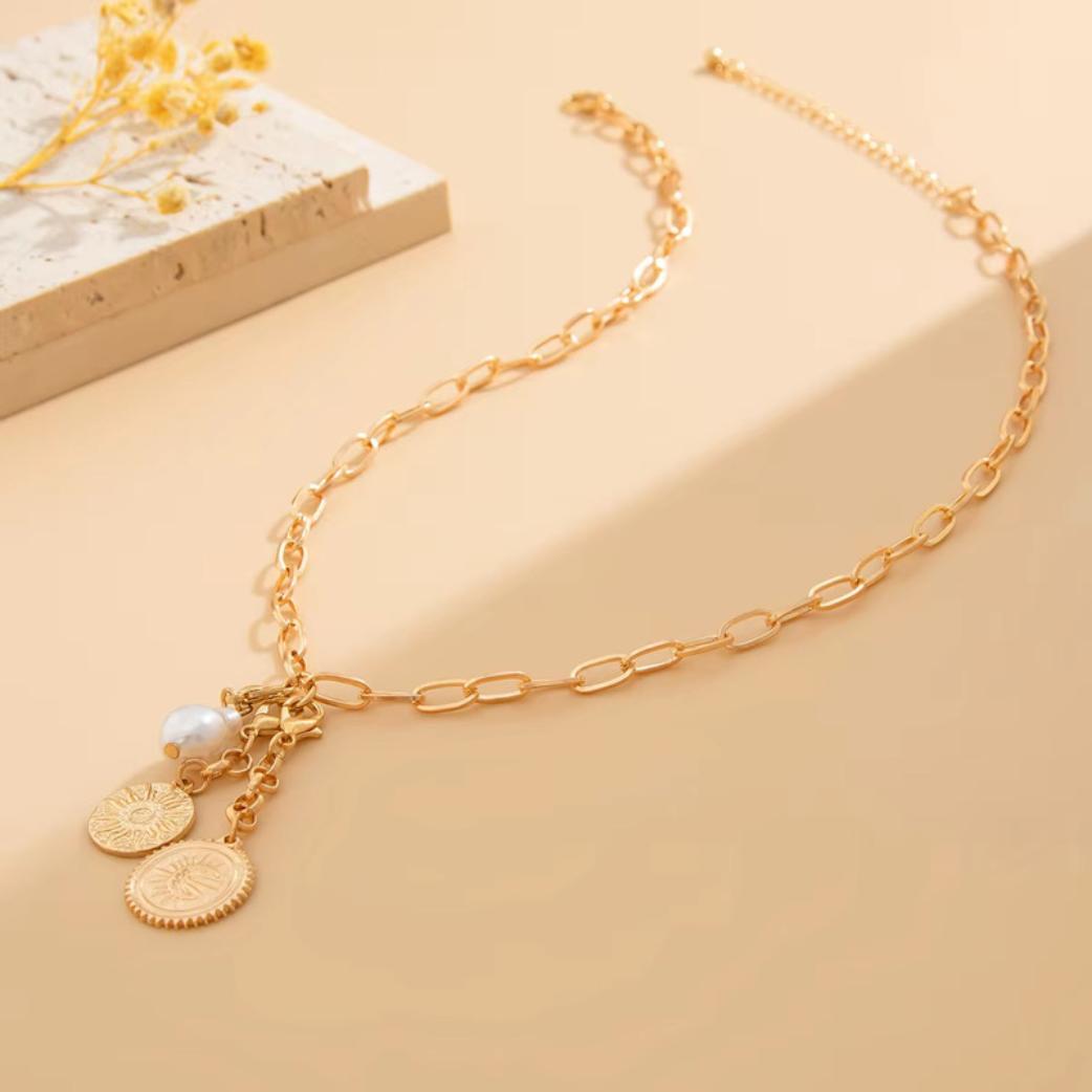 Golden Chain Necklace with Coin Charms and Pearl