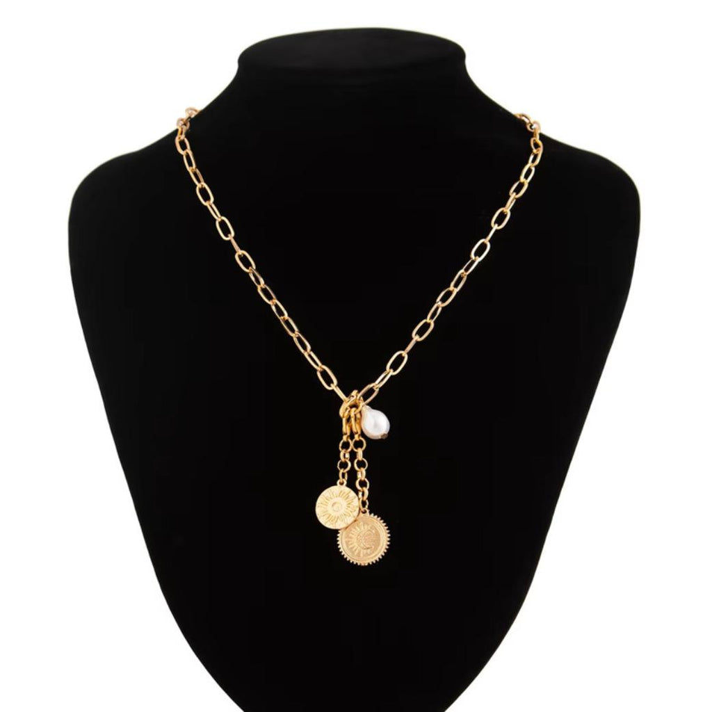 Golden Chain Necklace with Coin Charms and Pearl