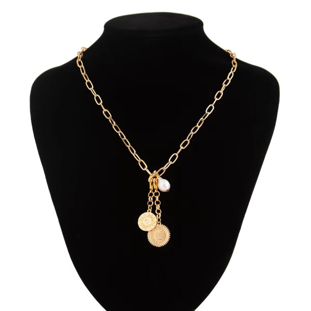 Golden Chain Necklace with Coin Charms and Pearl