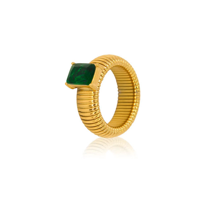 Regal Ribbed Emerald Green Statement Ring
