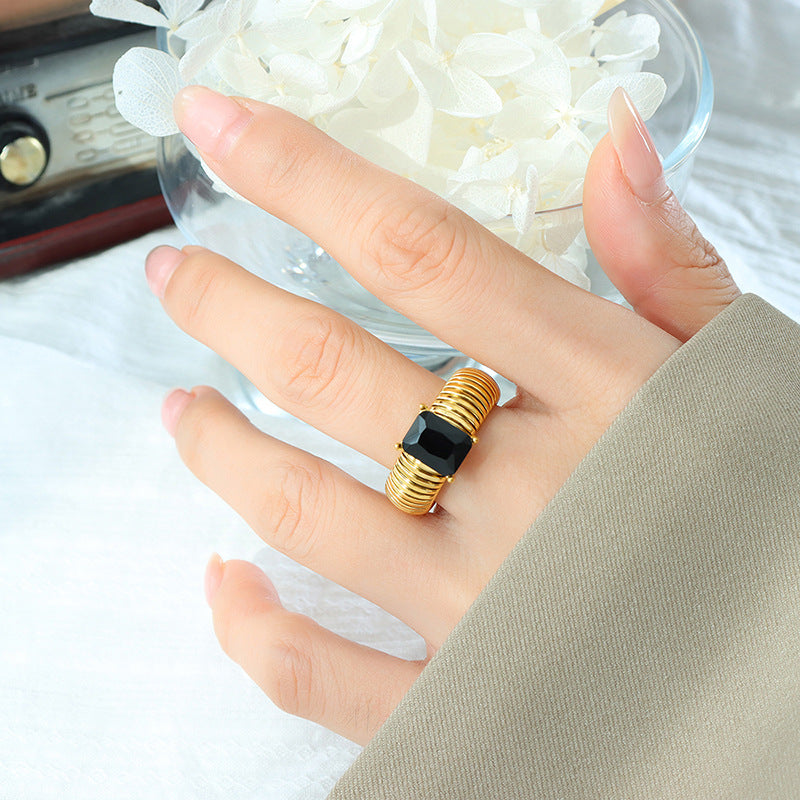Regal Ribbed Black Statement Ring
